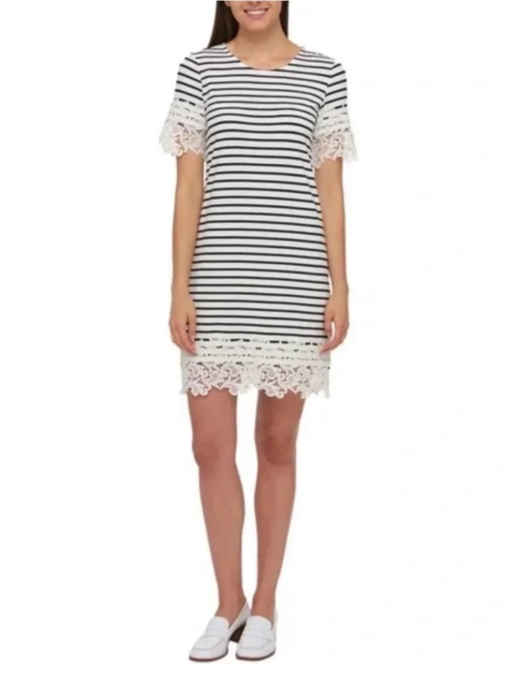 Tommy Hilfiger Black & White Striped Lace-Trim Mini Dress